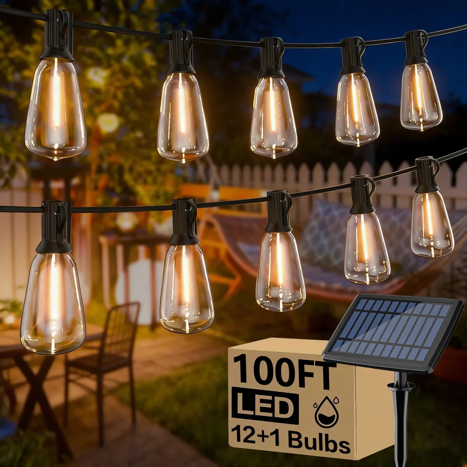 Luci Solari a Stringa ST38 da Esterno 30m, 24 Lampadine LED E12 2700K Bianco Caldo, Luci da Patio Impermeabili Infrangibili con Cavo Nero