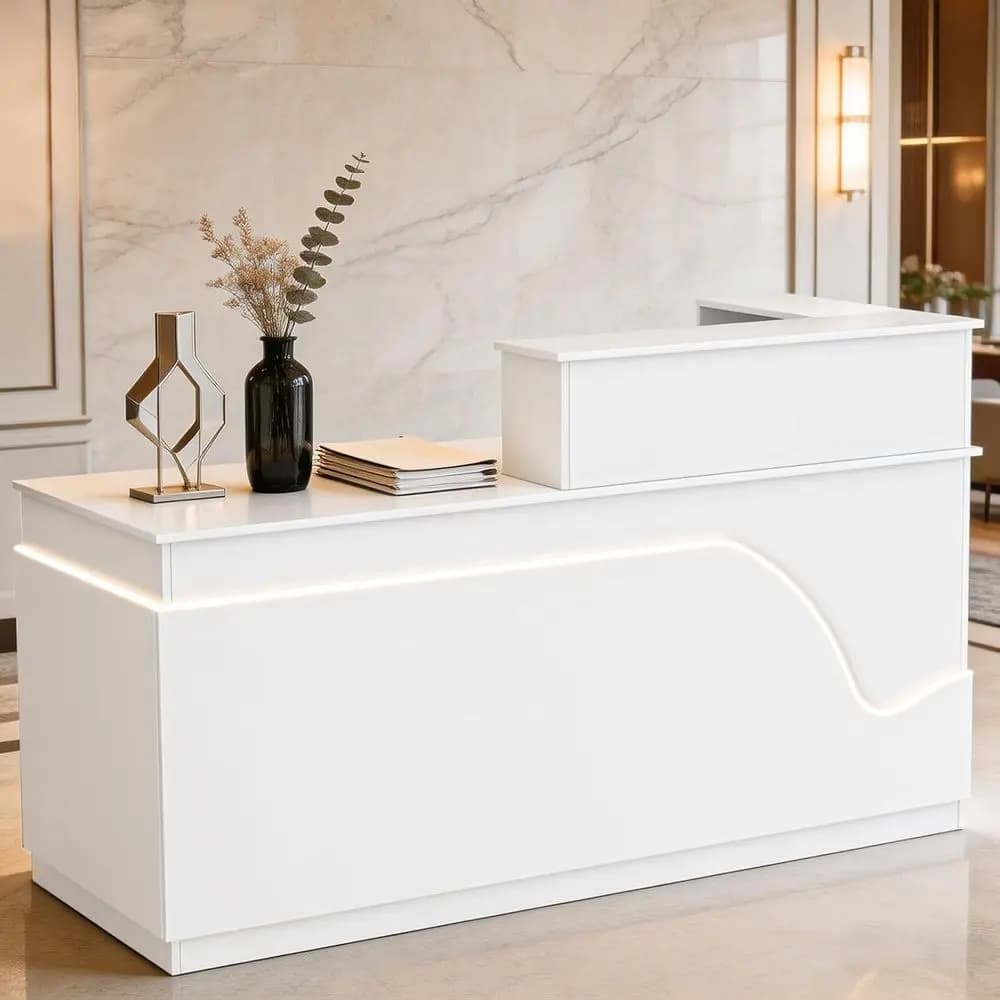 Scrivania a L Bianca Lucida con Luci LED, Cassetto con Chiusura, Vano Portaoggetti, Vassoio per Tastiera e Gestione Cavi per Ufficio o Negozio