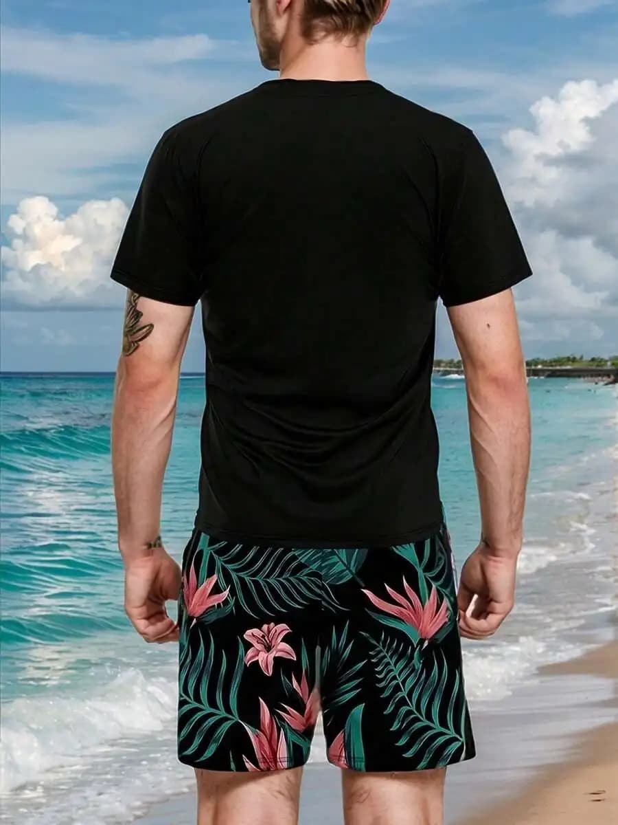 Men's Tropical Plant Print Short Sleeve T-Shirt And Shorts Set, Vacation