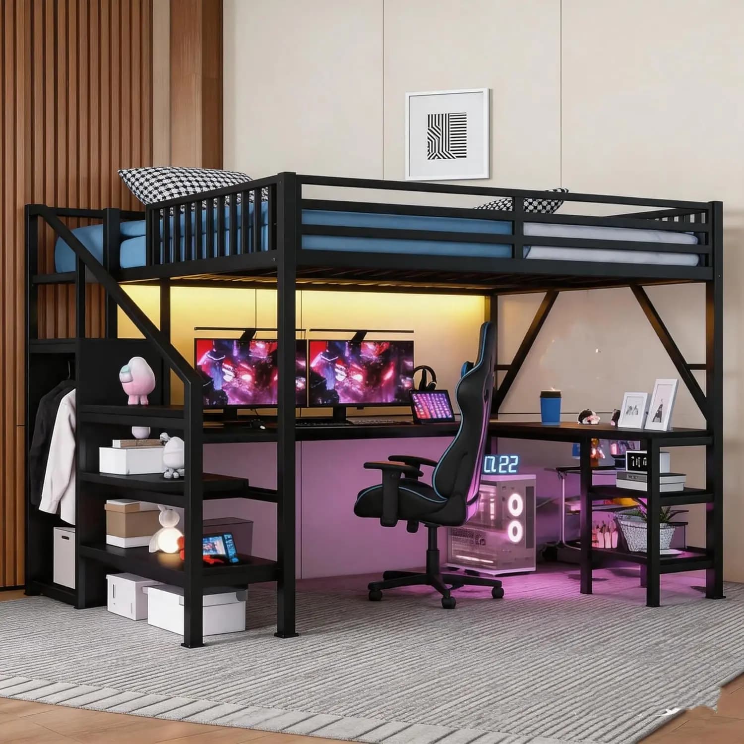 Letto a soppalco matrimoniale in metallo con armadio e scrivania a L, letto a soppalco in metallo per gaming con LED e stazione di ricarica, robusto, personalizzabile