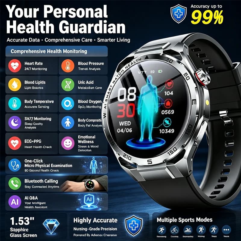 Nuovo Smartwatch ECG 2026 per Uomo, Monitoraggio Salute, Frequenza Cardiaca, Pressione Sanguigna, Fitness Tracker, Impermeabile, per Android e iOS