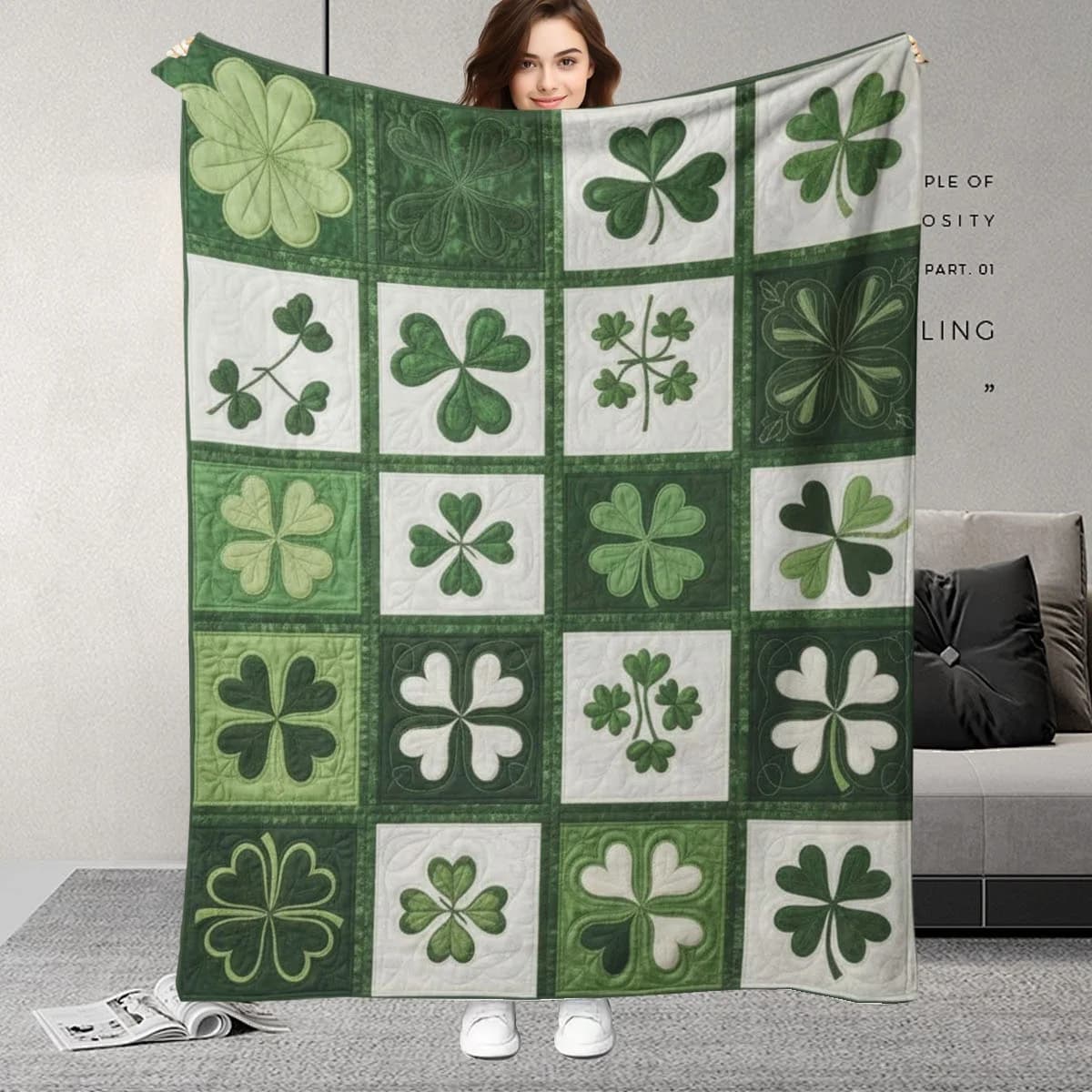 Coperta in morbido velluto per il giorno di San Patrizio - Tessuto in microfibra di velluto comodo e leggero, motivo a quadri verde ad alta definizione