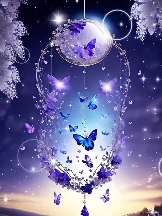 5D DIY Purple Glow Butterfly Dreamcatcher Diamond Painting, Dusk Star Sky Vertical Wall Decoration for Living Room and Bedroom