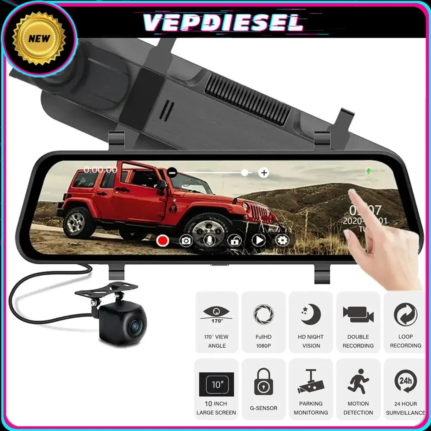 1Set Streaming Mirror DVR Night Vision for Car Dash Cam 10 "Touch Screen HD 1080P/30FPS 2 cameras (front/rear) for Car 12V