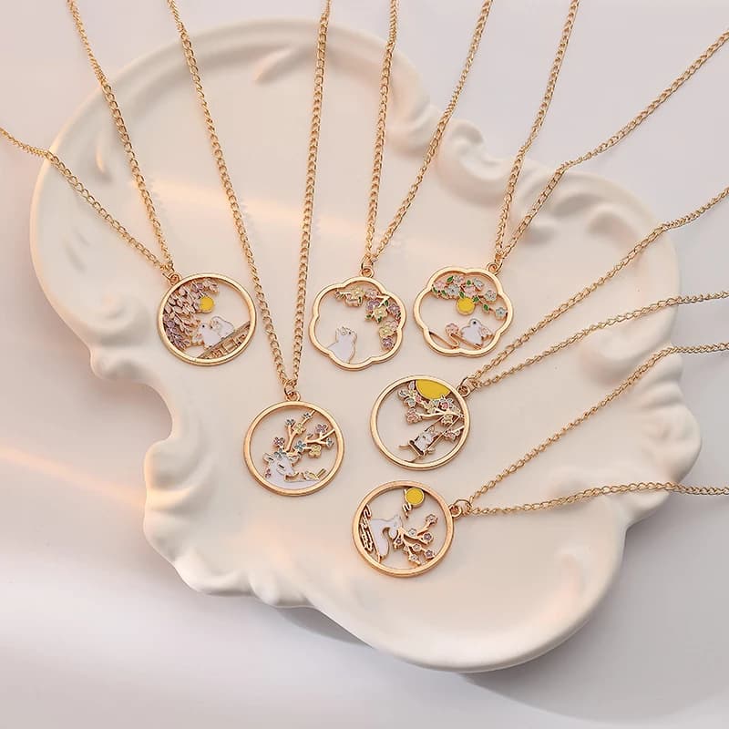 Cute Rabbit Pendant Necklace For Women Round Hollow Animal Collar Deer Cat Adjustable Choker Accessories Gift For Best Friend
