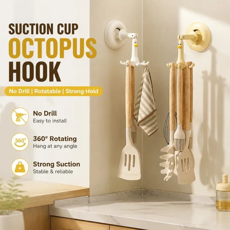 Kitchen Suction Cup Octopus Rotating Hook, No-Drill Pot Holder for Spatula and Spoon Storage Rack, Yellow/White