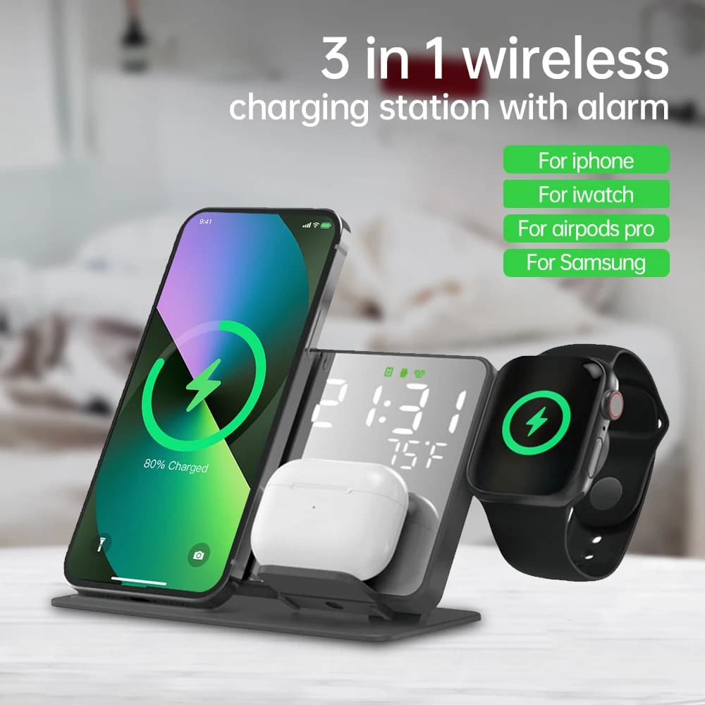 Wireless Charger 3 in 1 for iPhone 14 13 12 Pro Apple Watch S8 7 15W Dock Station Quick Charging Digital Table Alarm