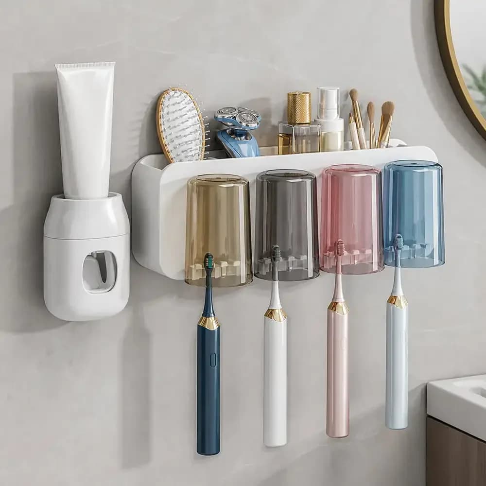 Toothbrush Organizer Four Cups Toothpaste Dispenser Bathroom Wall Storage Holder Rack Family Rinse Home Accessories Organization