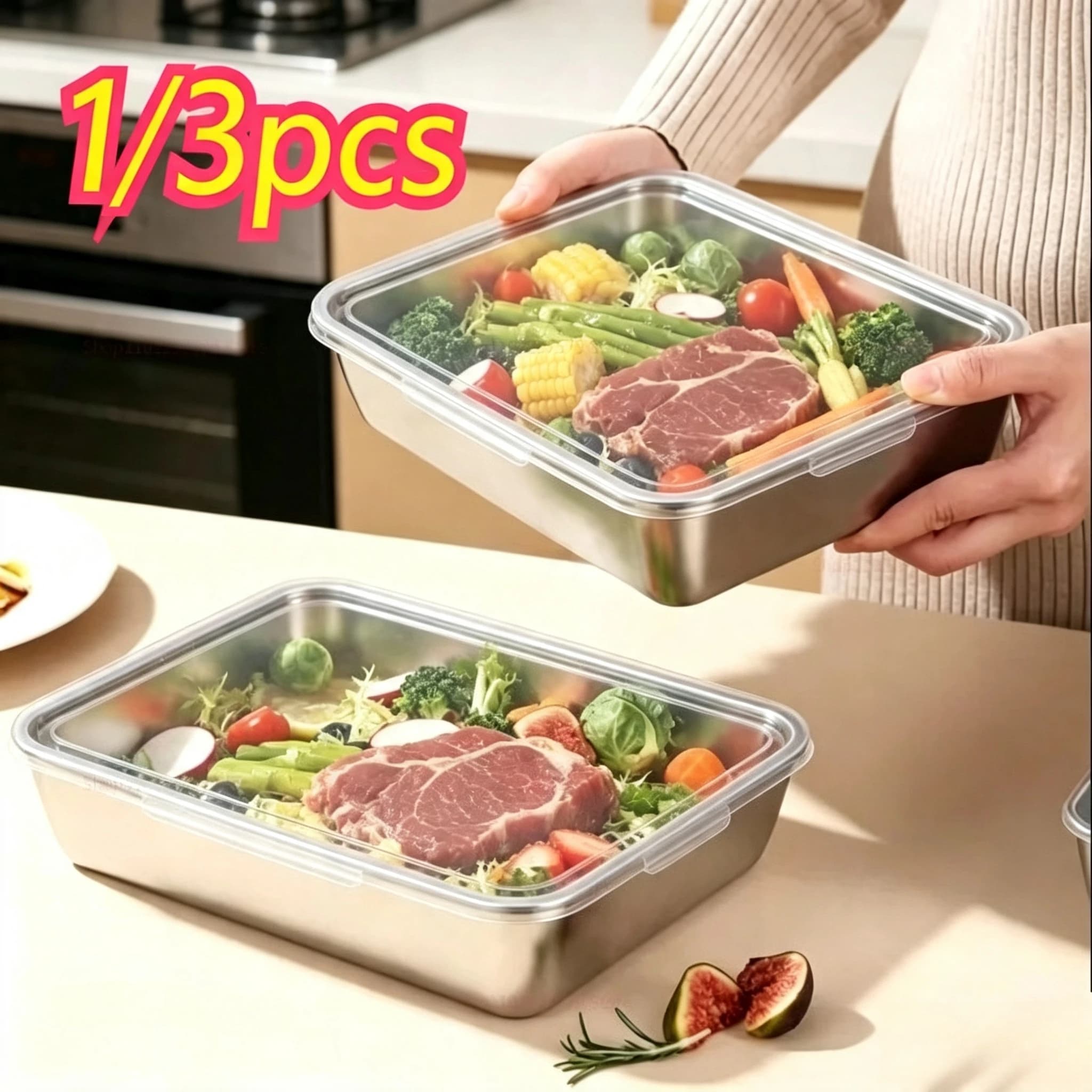 Stainless Steel Food Storage Container with Lid,Airtight Lunch Box for Fruit&Salad,Refrigerator Freshness Keeper for Home Office