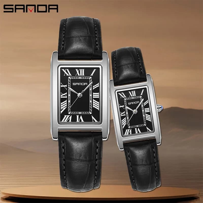 SANDA New Leisure Leather Strap Men Women Couple Tank Watches Vintage Korean Roman Scale Square Temperament Quartz Wristwatch