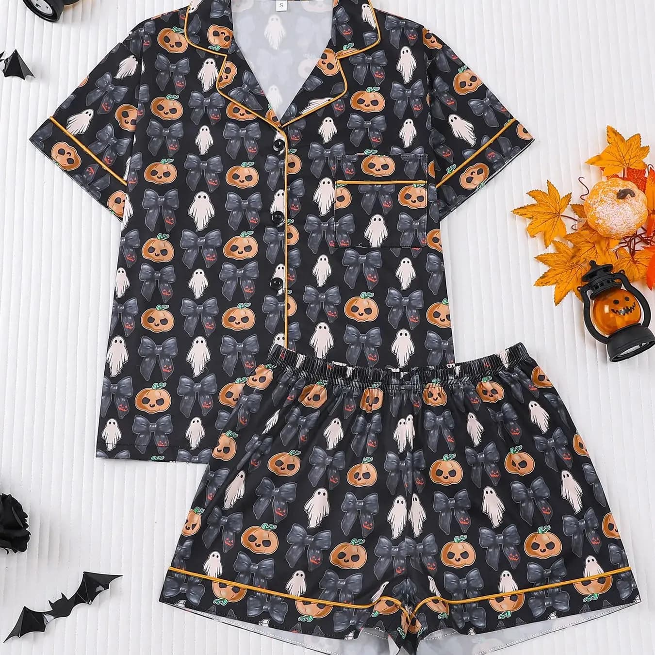 Pigiama da donna di Halloween simpatico e spaventoso, set con stampa fantasma e zucca, colletto a risvolto, maniche corte, pantaloncini, morbido e comodo per la casa e il sonno