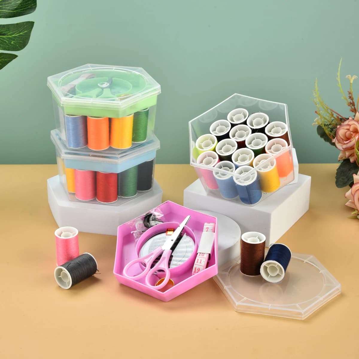 1 Set Hexagonal Sewing Kit, Sewing Tools Storage, Includes Needles, Threads & Other Sewing Supplies for Quick Repairs