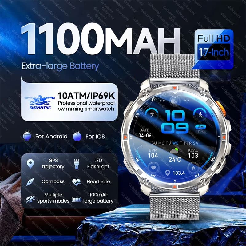 New Smart Watch GPS External 1100mAh Battery 1.7 "HD Big Screen Bluetooth Call 10ATM Waterproof Flashlight Man Sport Smartwatch
