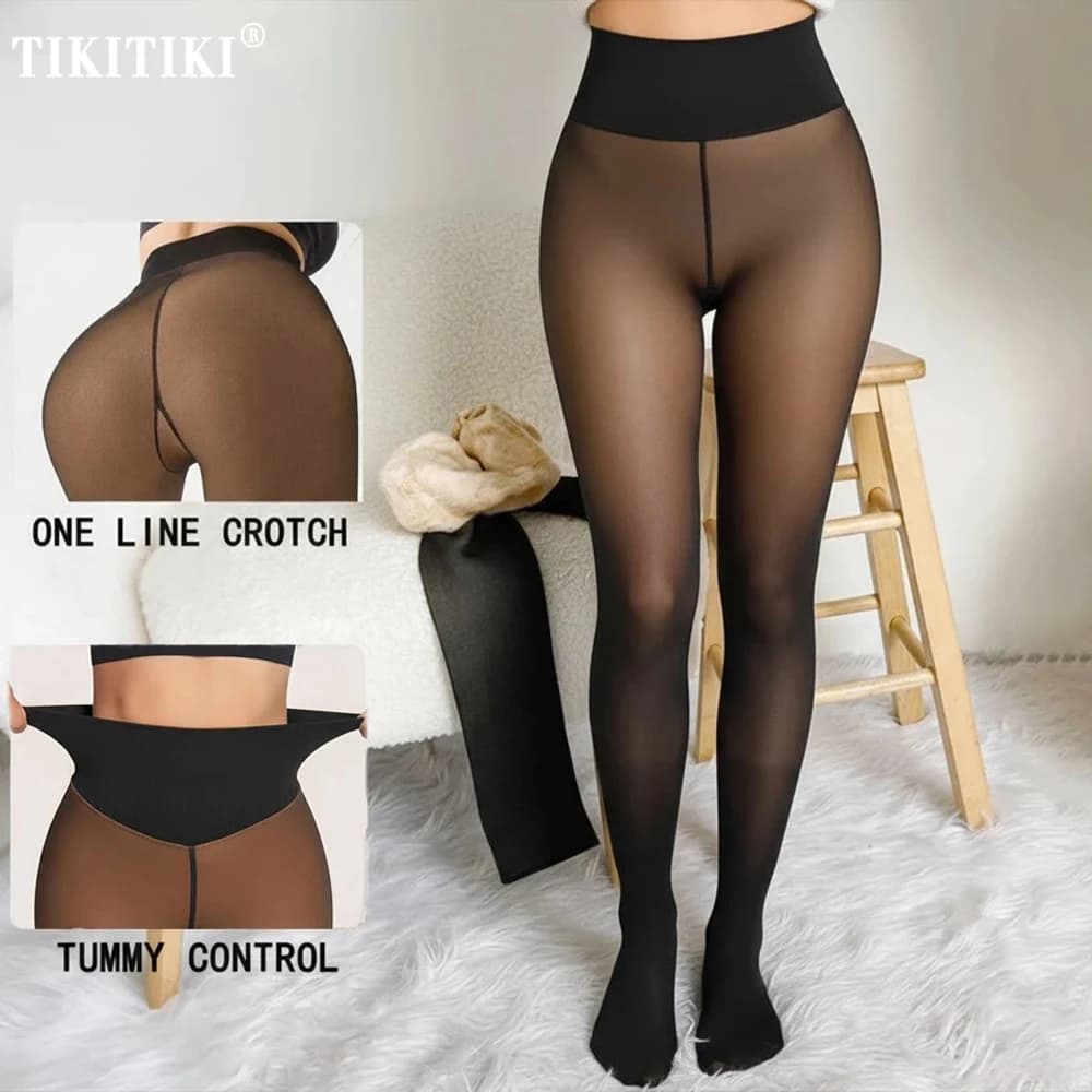 Collant foderati in pile con una cucitura Donna Taglie forti Compressione modellante Controllo della pancia Leggings traslucidi Collant termico velato falso