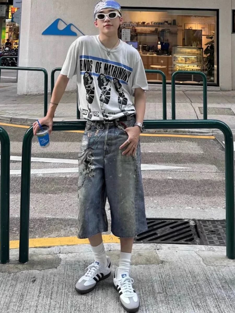 AC Style 3D Print Chain Floral Spattered Denim Jeans Men Women Five-Quarter Shorts Casual Wear Tear Resistant Straight Cut Lo...