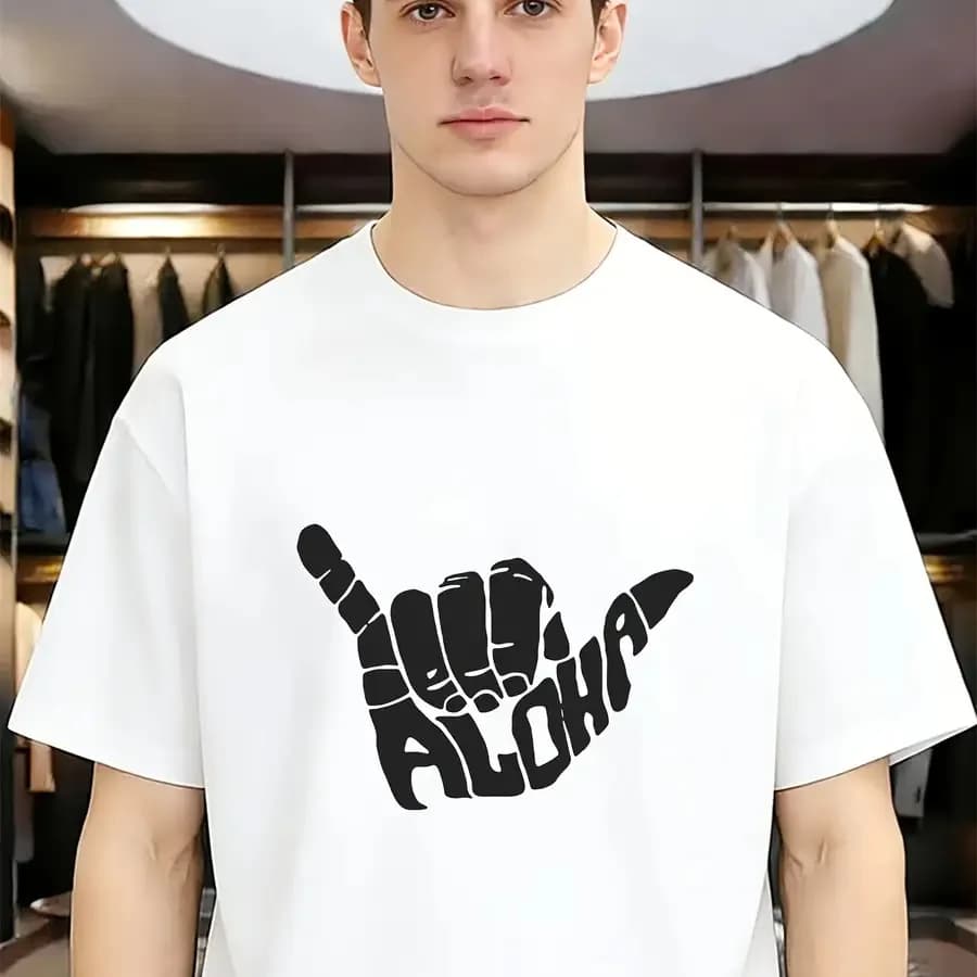 T-shirt a maniche corte con stampa gestuale Aloha, stile rilassato da vacanza, adatta per feste in spiaggia e uso quotidiano