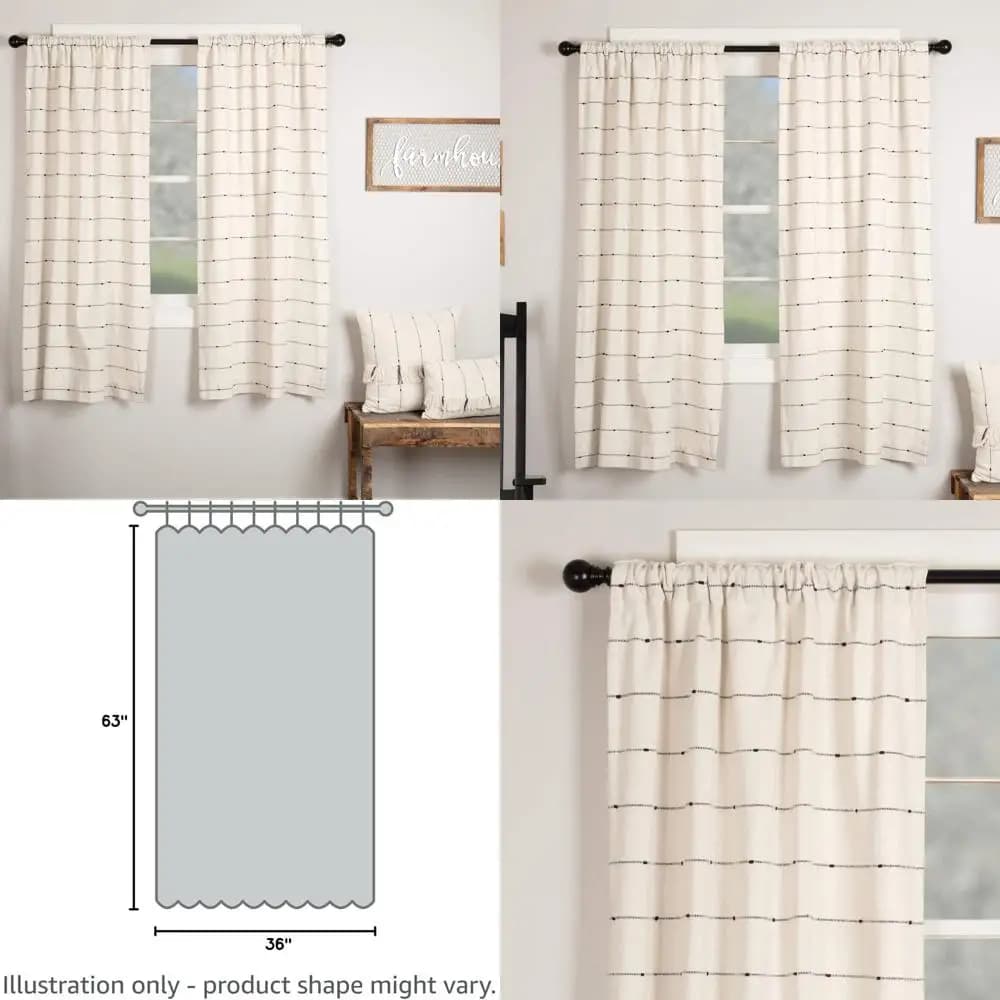 Set di 2 Tende Lunghe 63 Pollici, in Tessuto Crema Naturale con Strisce Nere, Stile Rustico Farmhouse