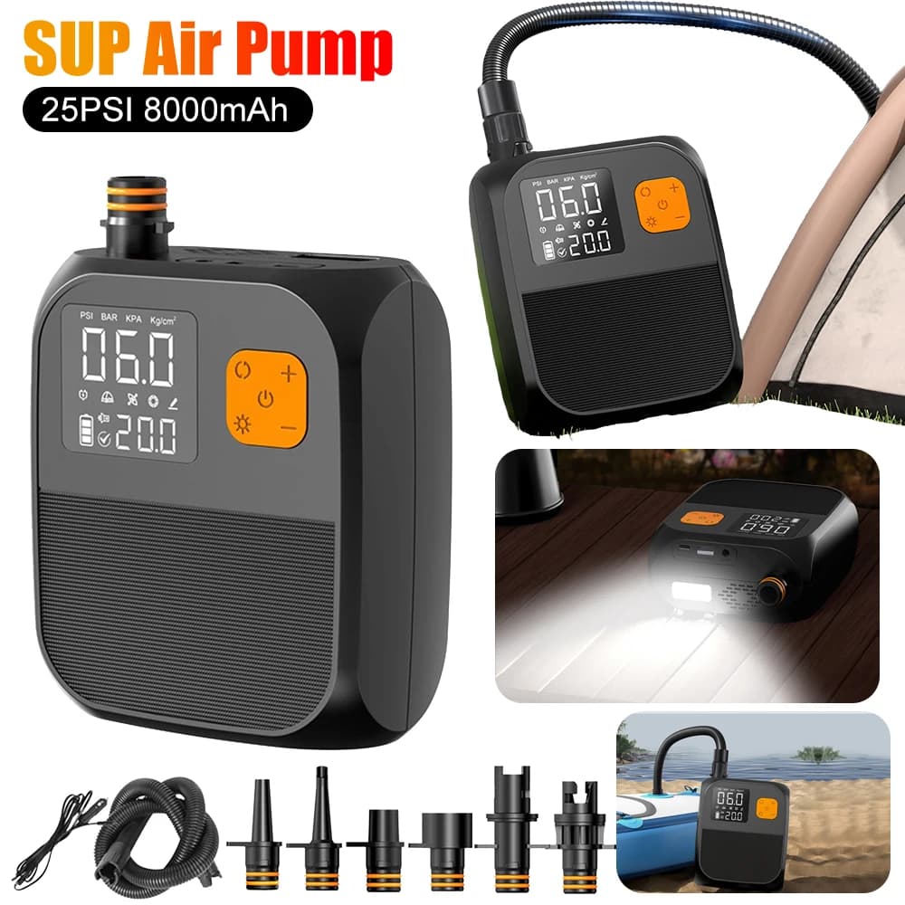 Pompa elettrica ricaricabile portatile per tavole da SUP, kayak e barche gonfiabili.