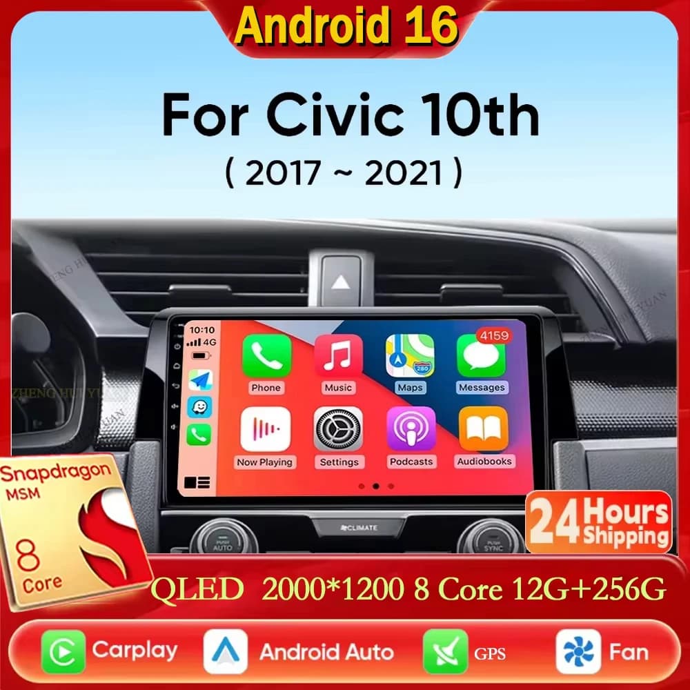 For Honda Civic 10th 2016 2017 2018 2019-2021 Android 15 Carplay Auto Car Radio Multimedia Video Player Navigation GPS 4G WIFI