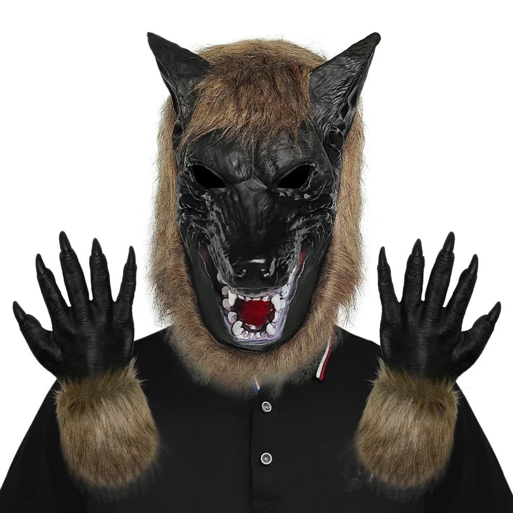 Halloween Horror Mask Latex Wolf Head Mask and Claws Gloves Werewolf Dress Up Mask or Carnival Cosplay Costume Party