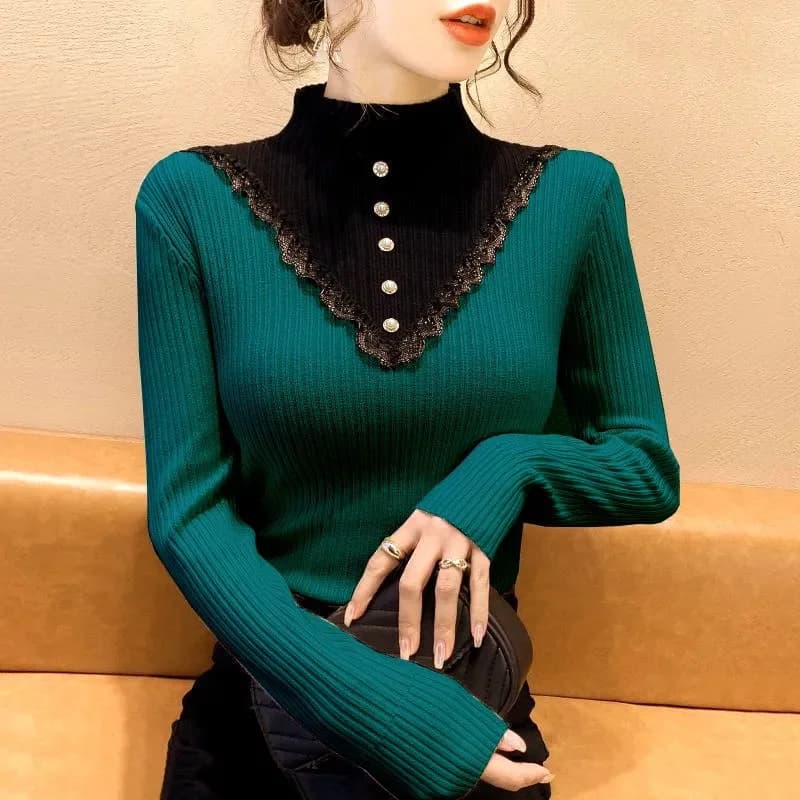 Maglione da donna con volant con collo a lupetto a maniche lunghe lavorato a maglia con fondo solido pullover a righe maglione casual per le donne 2024 autunno