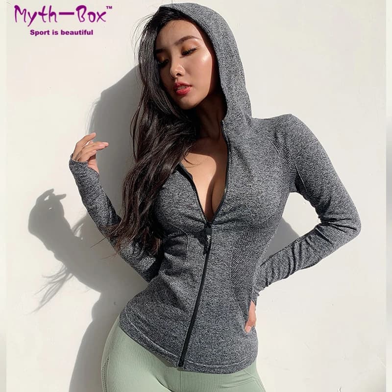 Giacche sportive da donna felpe con cappuccio da Yoga con cerniera giacca da Fitness ad asciugatura rapida foro per il pollice felpe da corsa Slim Gym Workout Top Coat con cappuccio