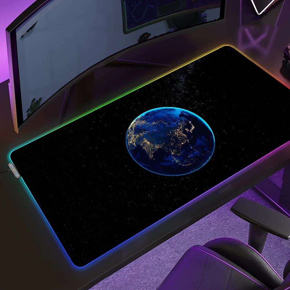 Tappetino per mouse da gioco Sci-Fi Space Earth, tappetino da scrivania LED con retroilluminazione Micro USB, tappetini da scrivania RGB in gomma XXL
