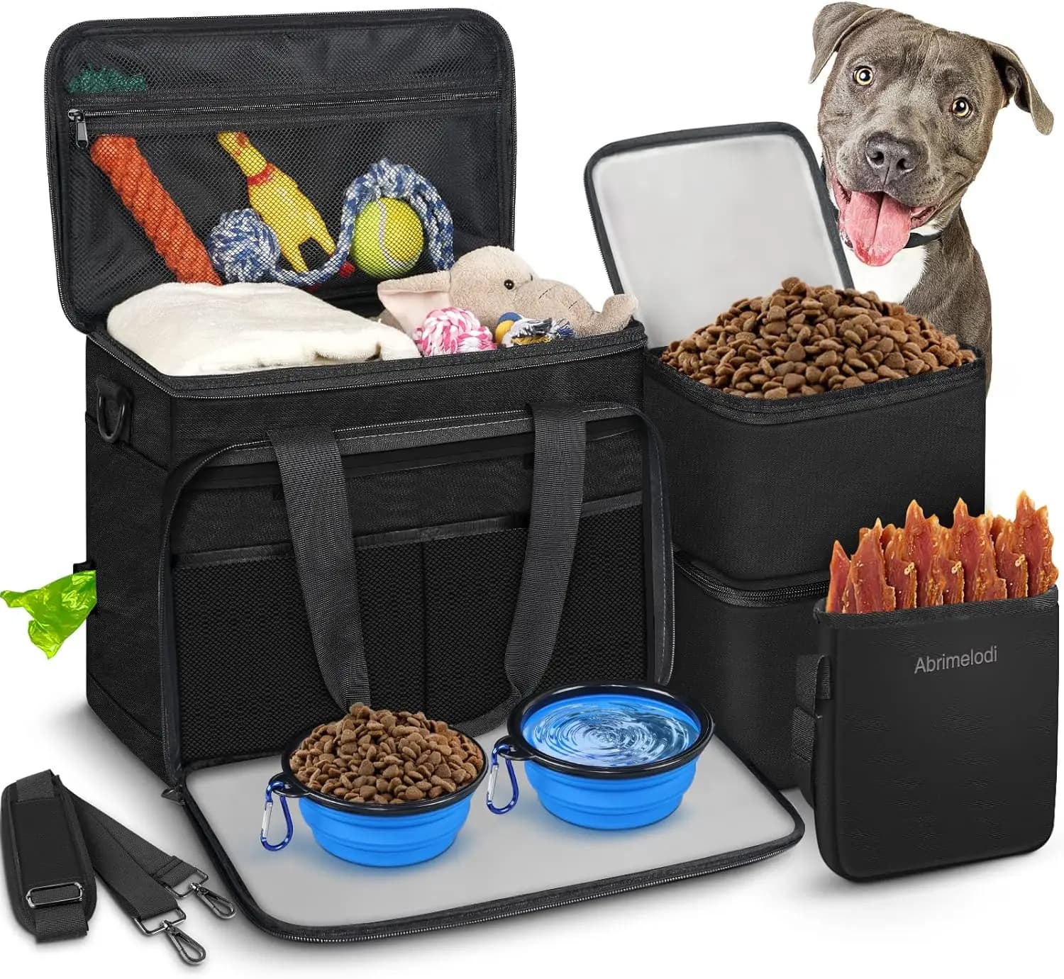 6-piece dog travel set with food containers, bowls and organizers for weekend trips, black