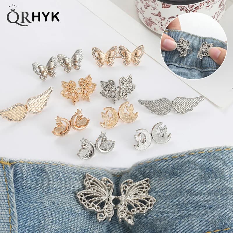 Moda Ali di farfalla Pantaloni Bottone Clip di serraggio in vita Chiusura regolabile Jeans Fibbia staccabile Pin Accessori di abbigliamento