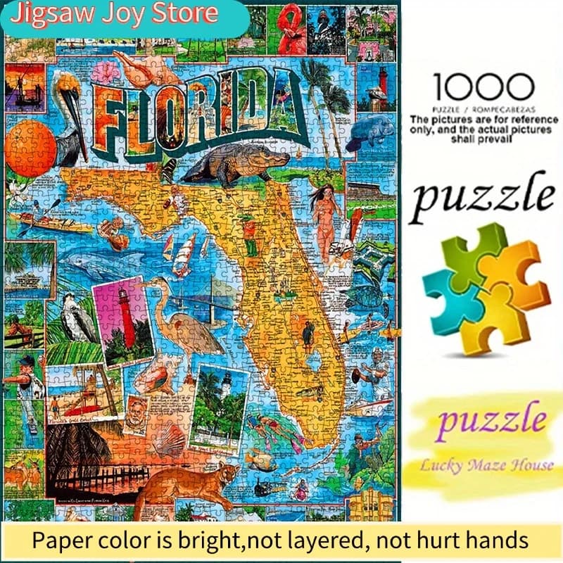 Un puzzle con mappa della Florida con pezzi in stile 3D, progettato come un grande schema educativo in stile libro da colorare.