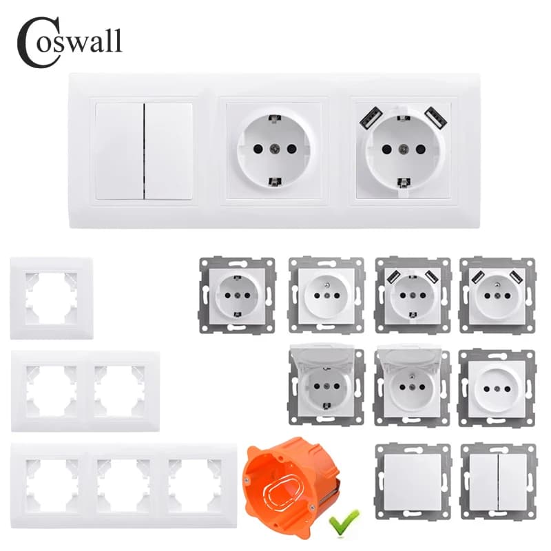 COSWALL Serie H Modulo pannello in plastica bianca Interruttore a bilanciere da parete fai-da-te Presa Schuko UE Caricatore USB tipo A e C Internet TV satellitare