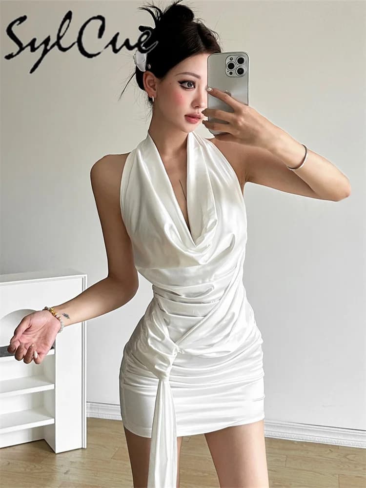 Sylcue White Simple Soft Elegant Gentle Sexy Mature Beautiful Single Party Women'S Thin Neck Hanging Tight Hip Dress