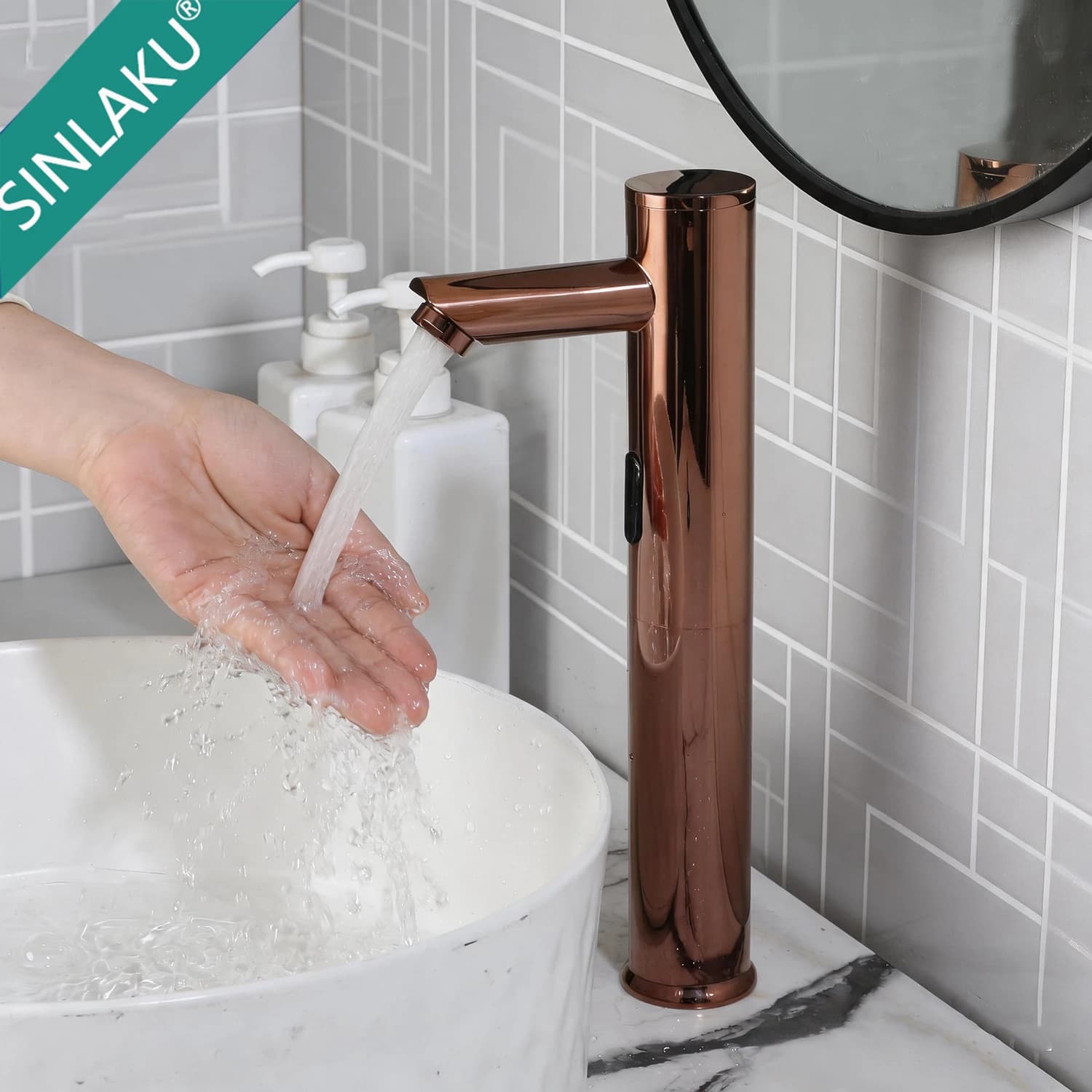 SINLAKU Touchless Automatic Sensor Bathroom Faucet Rose Gold Vessel Sink Tap Hands-Free Smart Basin Mixer with Infrared Sensor