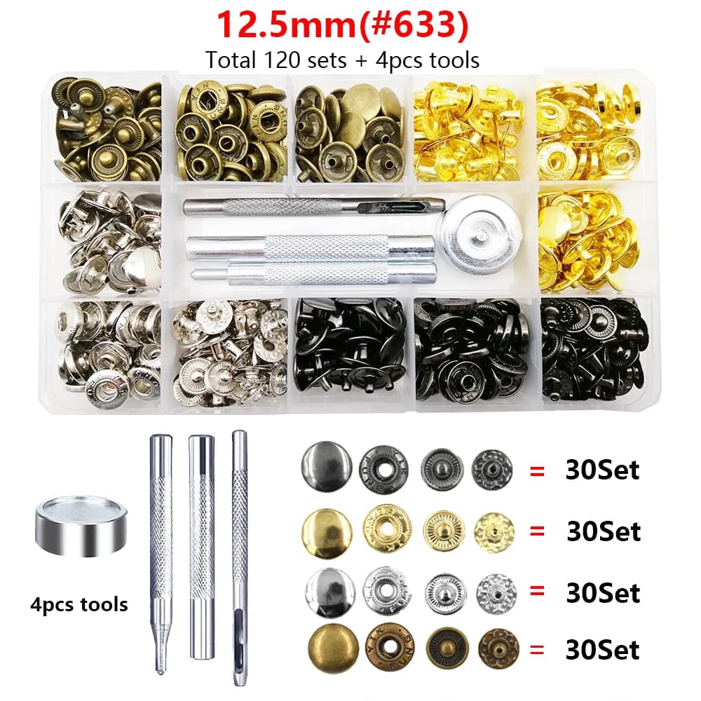 120PCS Snap Fasteners Kit 12.5mm Metal Snap Buttons Press Studs For Clothing Bag Shoes Collar Belt Jeans DIY Tailor Repair