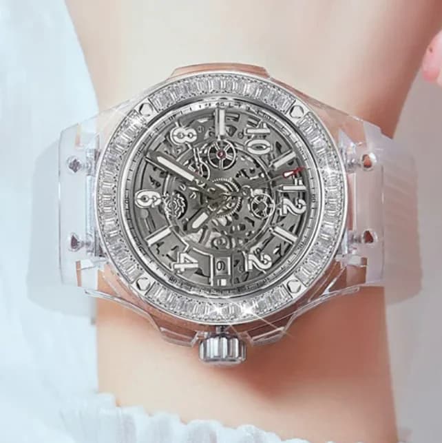HANBORO Women Automatic Watch 41.5mm Ladies Mechanical Wristwatch Skeleton Dial Luminous Crystal Bezel Sapphire
