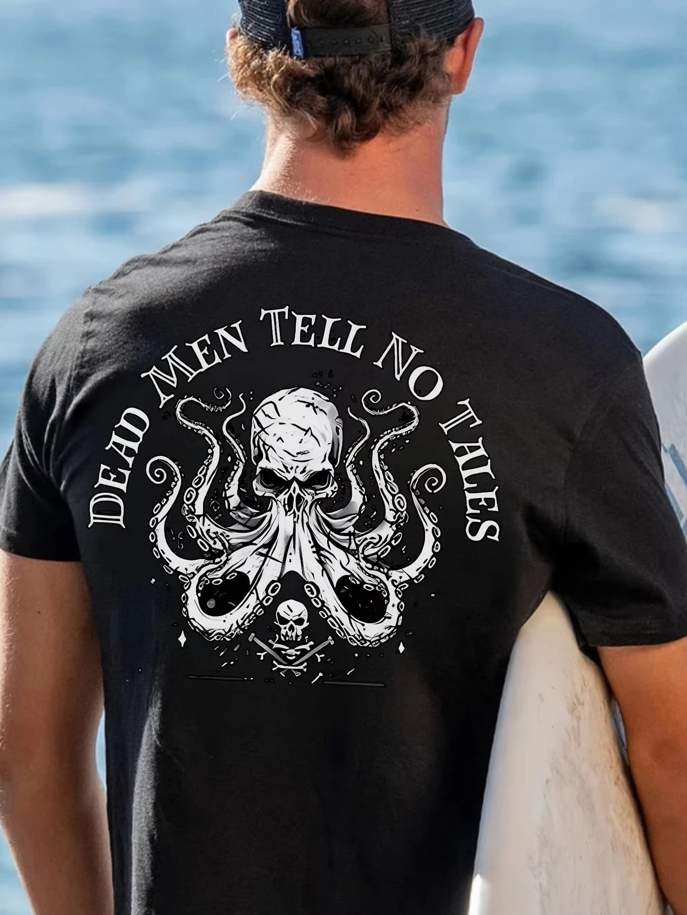 Retro Kraken Skeleton Octopus Pirate Text Back Print T-shirt Men Gothic Punk Loose Oversized Short Sleeve Streetwear Tees Unisex