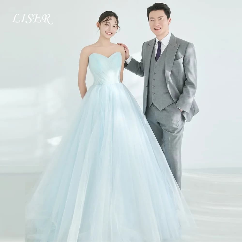 Abito da Sera Liser Sweetheart Azzurro Stile Coreano con Pieghe in Tulle Personalizzabile per Servizi Fotografici Elegante Abito da Ricevimento per Sposa