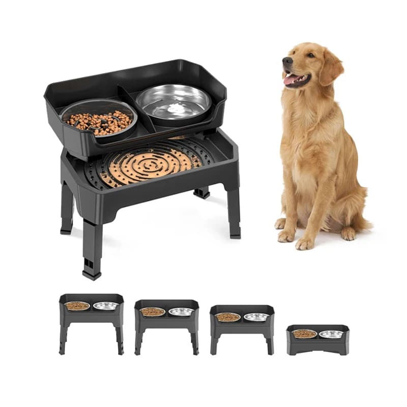 hit product3-in-1 Elevated Dog Bowls Mess Proof Double Deck 4 Height Adjustable Raise Pet Dog Bowl Stand with 2 Food Bowl and Li
