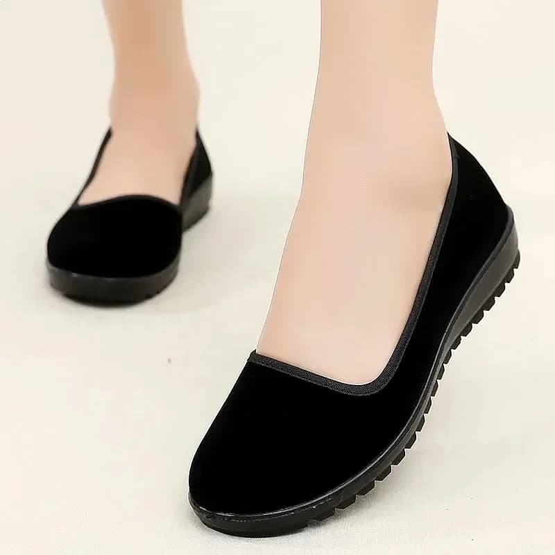 Lady Fashion Sweet Light Weight Black Flock High Quality Loafers Women Casual Comfort Hotel Work Office Flat Shoes