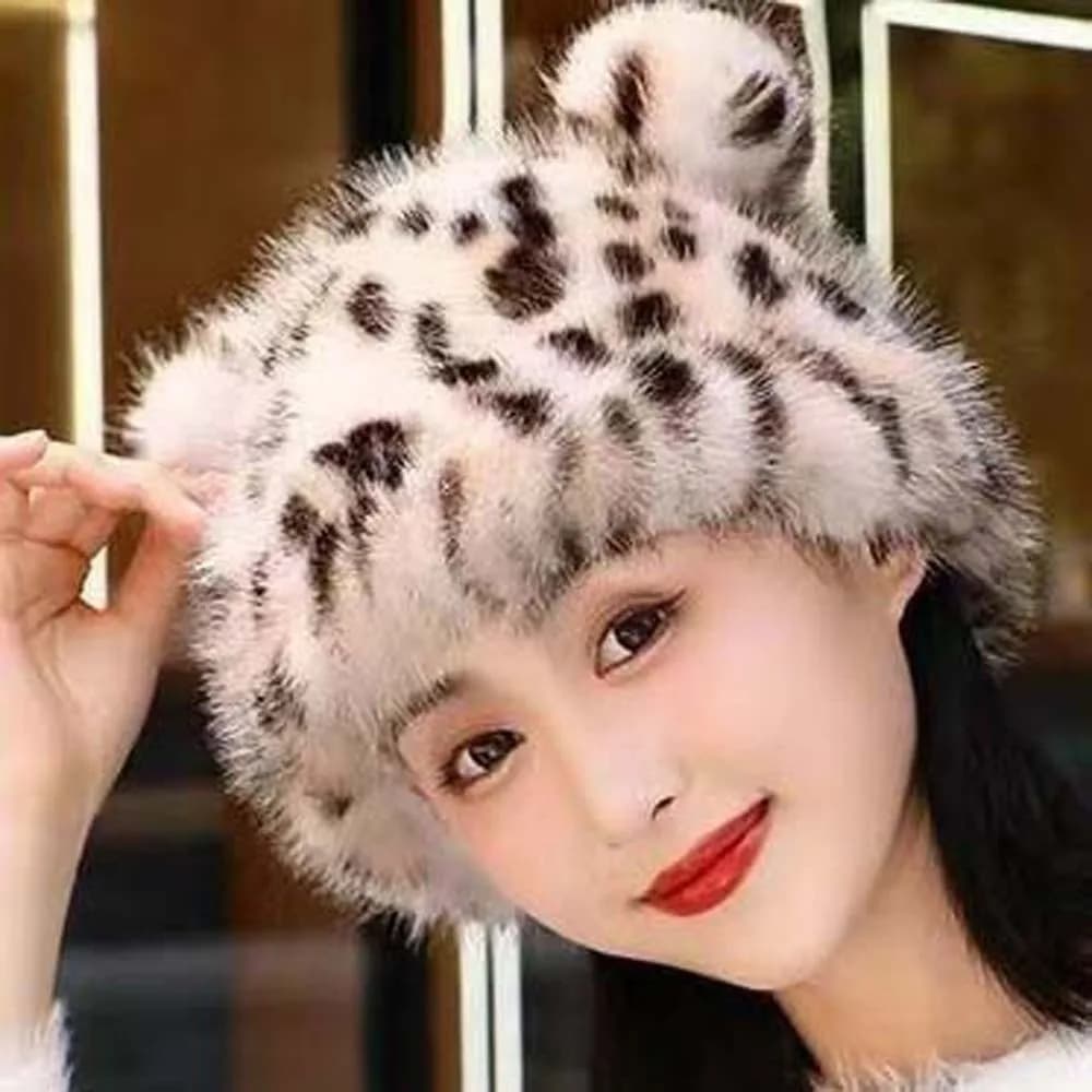 Fashion Imitation Mink Fur Leopard Print Beanie Soft Korean Style Bear Hat Elastic Dome Brimless Pullover Cap Couple