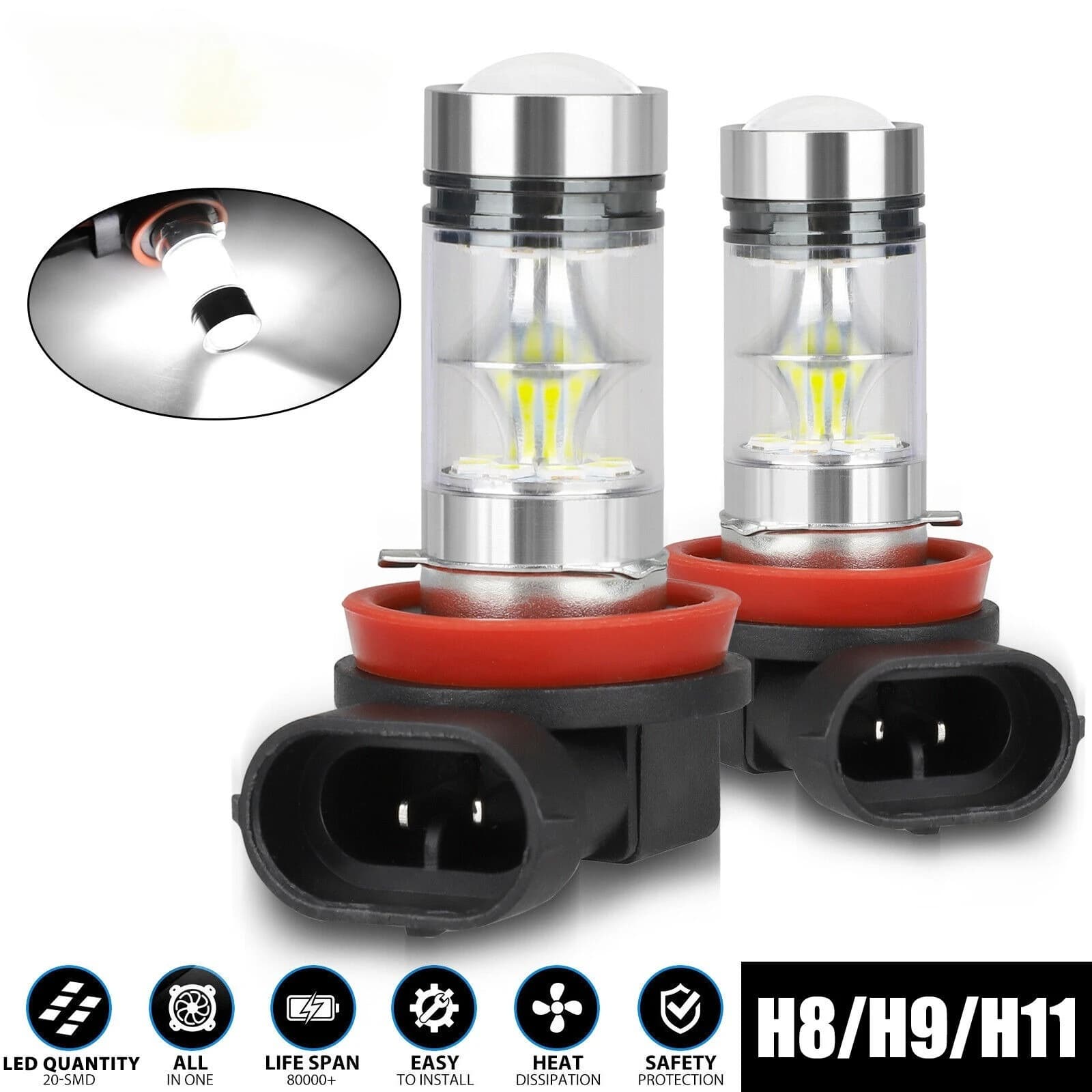 2x H8 H11 H16 LED Kit lampadine DRL fendinebbia 3600LM 6000K Xenon Super White