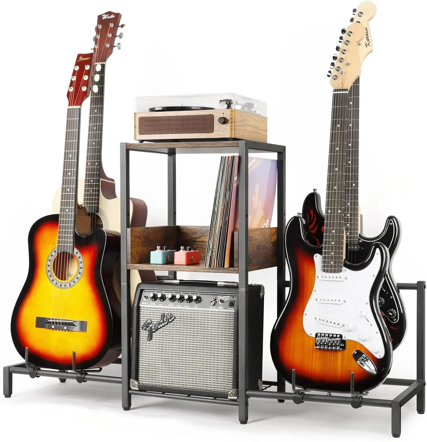 4 Supporto da pavimento per chitarra con ripiani in legno - Rack regolabile per display e archiviazione acustici, elettrici, bassi e ukulele
