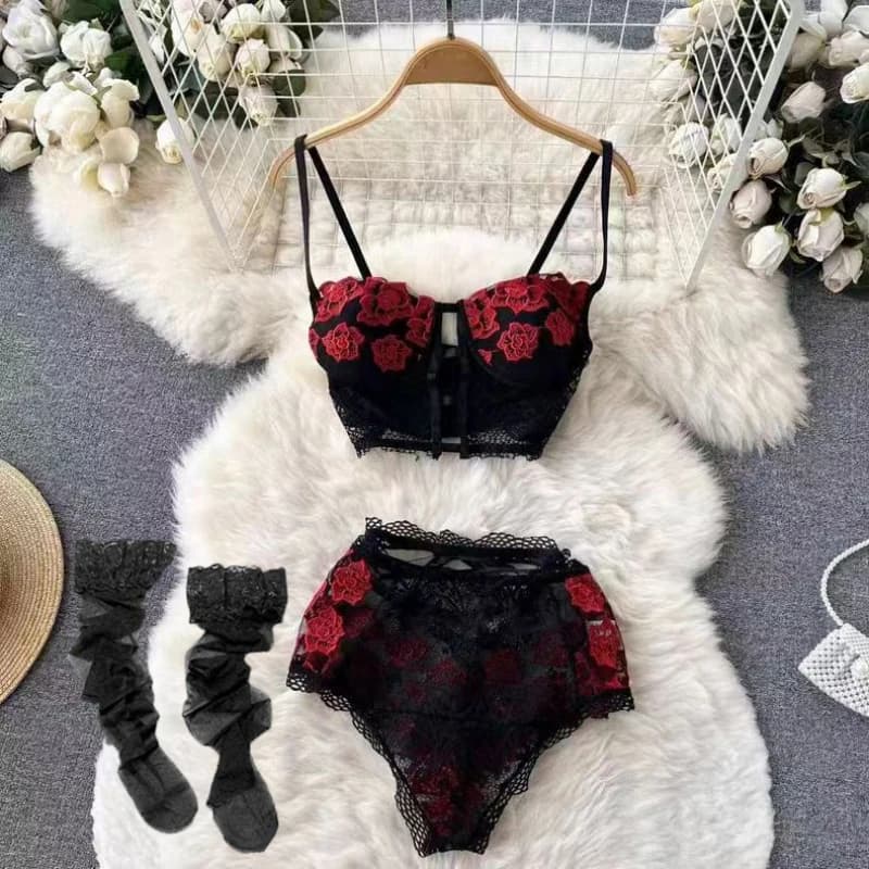 Set of Underwear Collection Top Super Short Lingerie Sexy Patchwork Lace Flowers Pigiama for Women's Secret Dresses Transparent Black