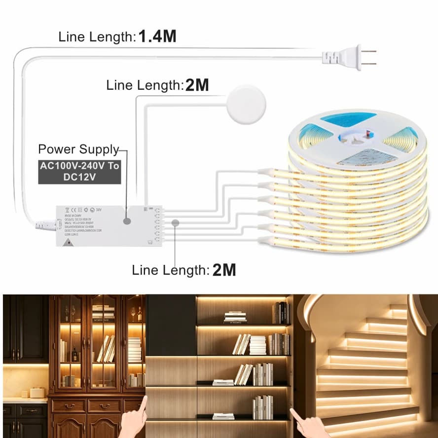 Set di Strisce LED COB 12V da 30m~0,5m per Illuminazione Sottopensile, Espositori, Griglie, Sfondi TV, Pannelli e Decorazioni per Mobili