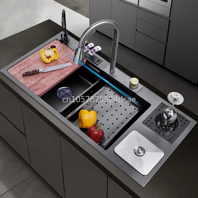 Lavello da cucina in acciaio inossidabile Cascata con pattumiera Stagno per lavaggio domestico con grande slot singolo multifunzione