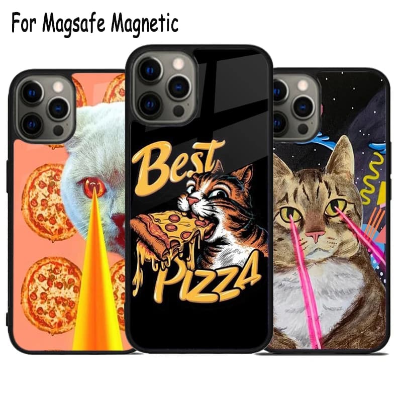 Pizza Addict Cat con laser degli occhi Custodia per telefono per iPhone 17 Air 15 16e 14 13 11 12 Pro Max Plus Magsafe Cover magnetica