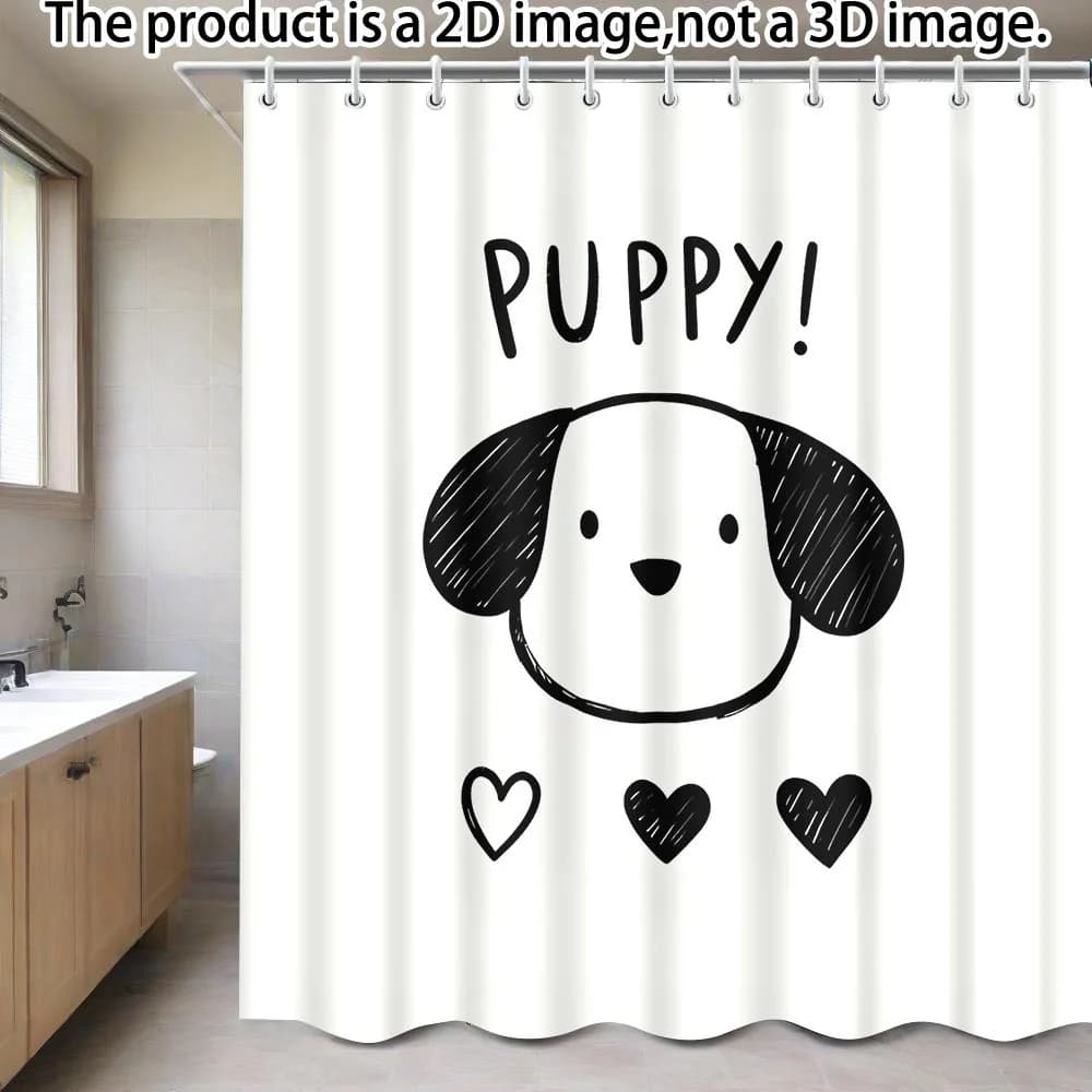 Tenda da doccia 71x71 pollici con volto di cucciolo disegnato a mano – "PUPPY!" Testo e cuori, Nero su bianco, Poliestere impermeabile, Con occhielli