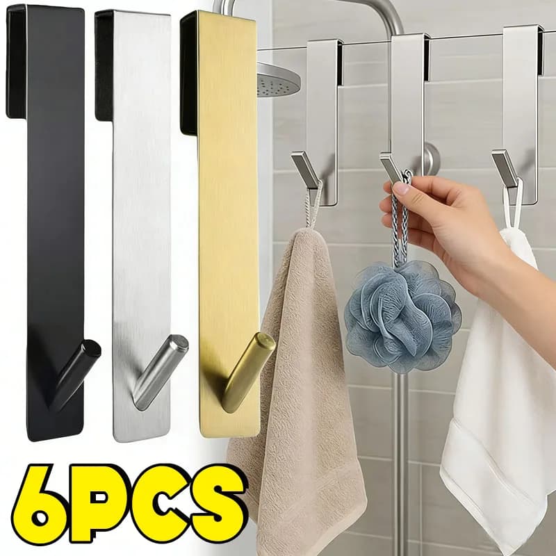 1-6pcs Stainless Steel Over Glass Door Shower Door Back Shower Towel Rack S-Shape Bathroom Bathrobe Hanger Holder Hooks
