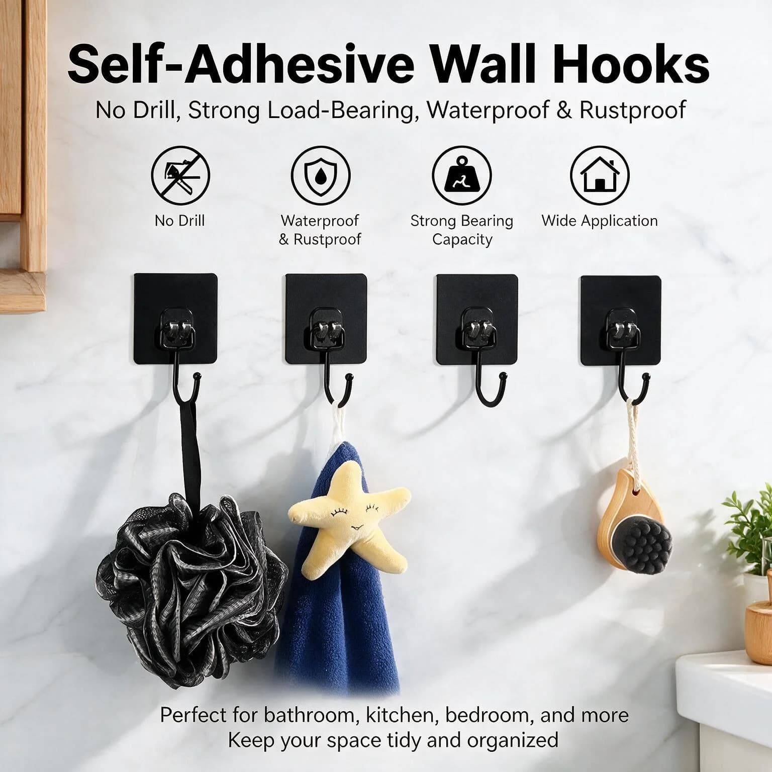 Self Adhesive Wall Hooks 5/10pcs Non‑Punching Strong Sticky No Trace Holder for Kitchen Bathroom Towel Bag Hanging Organizer