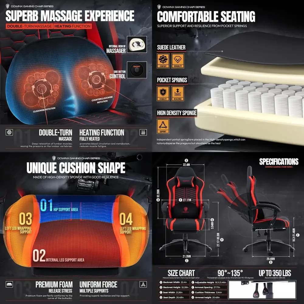 Ergonomic gaming chair with lumbar support for massage with heated seat, pocket spring cushion and footrest for a comfortable gaming experience